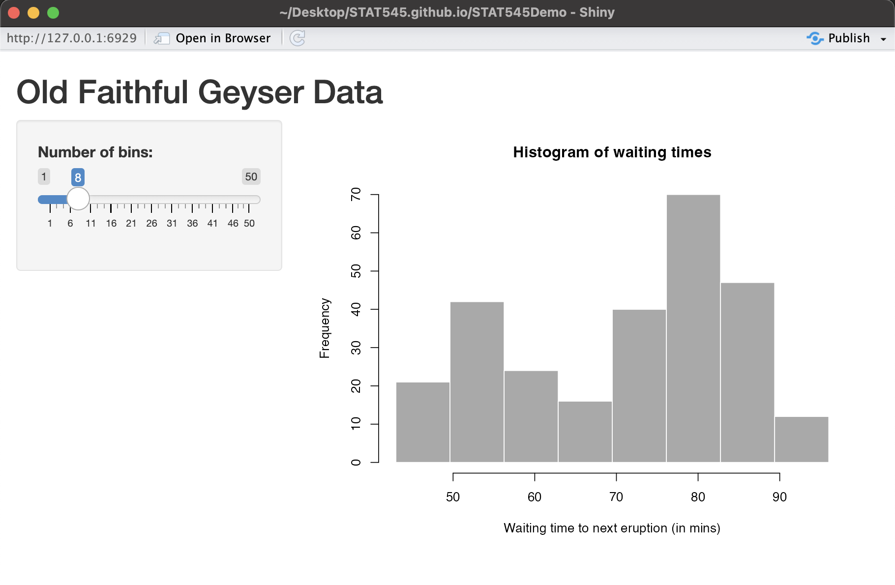 Shiny App demonstrating a histogram with 8 bins