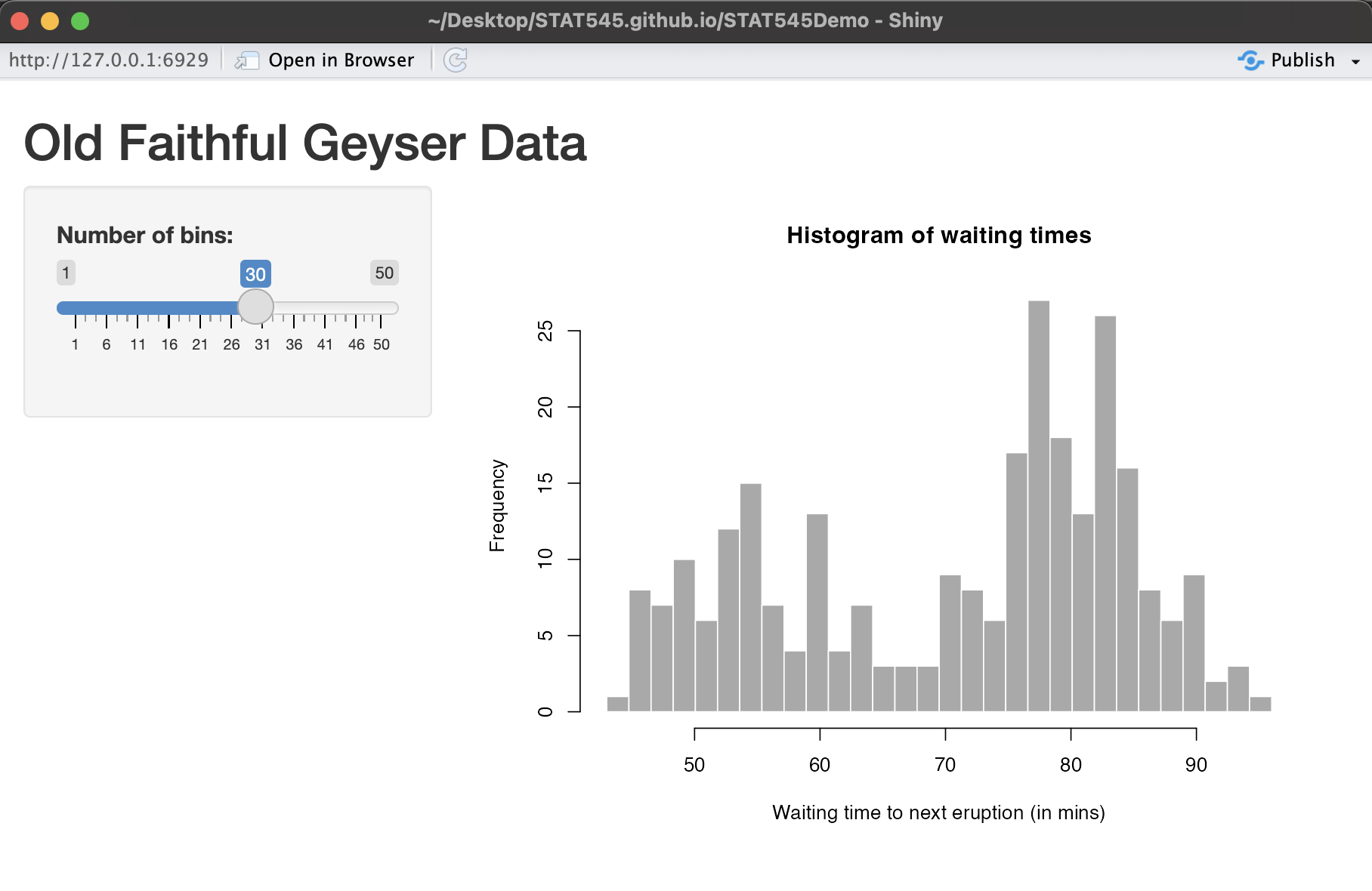 Shiny Demo where slider indicating number of bins is increased to 30